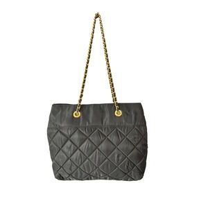 Neiman Marcus Quilted Nylon Tote Bag Black Gold Chain Strap Shoulder Bag Medium